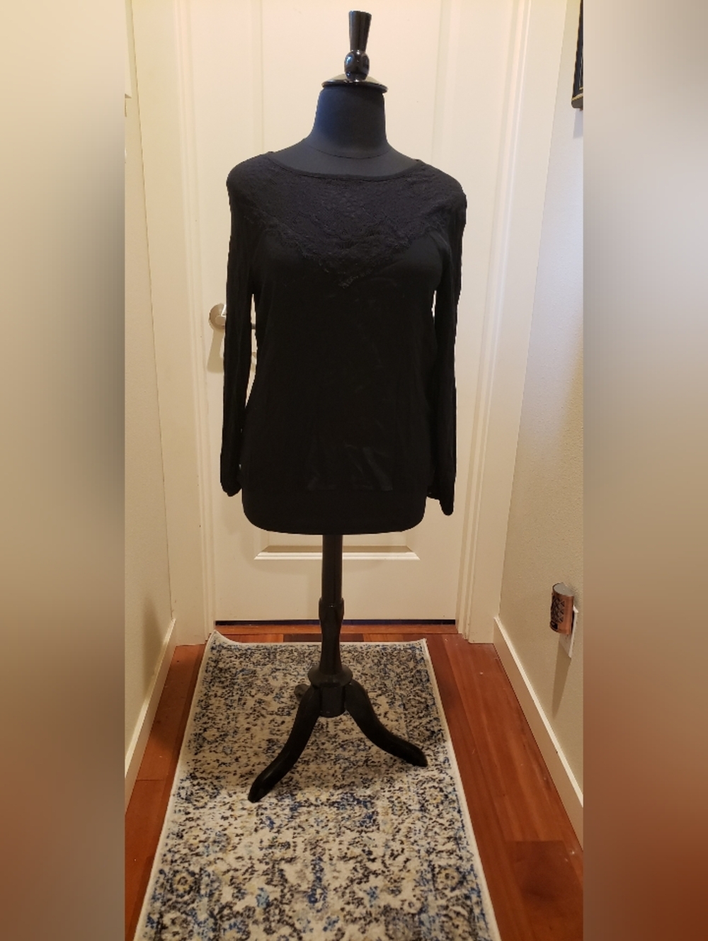 Xliration Black Lace-Yoke Long Sleeve Women's Crepe Top